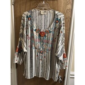 Savanna Jane Black White Chevron Multicolor Floral Embroidered Top 2X 3/4 NWOT